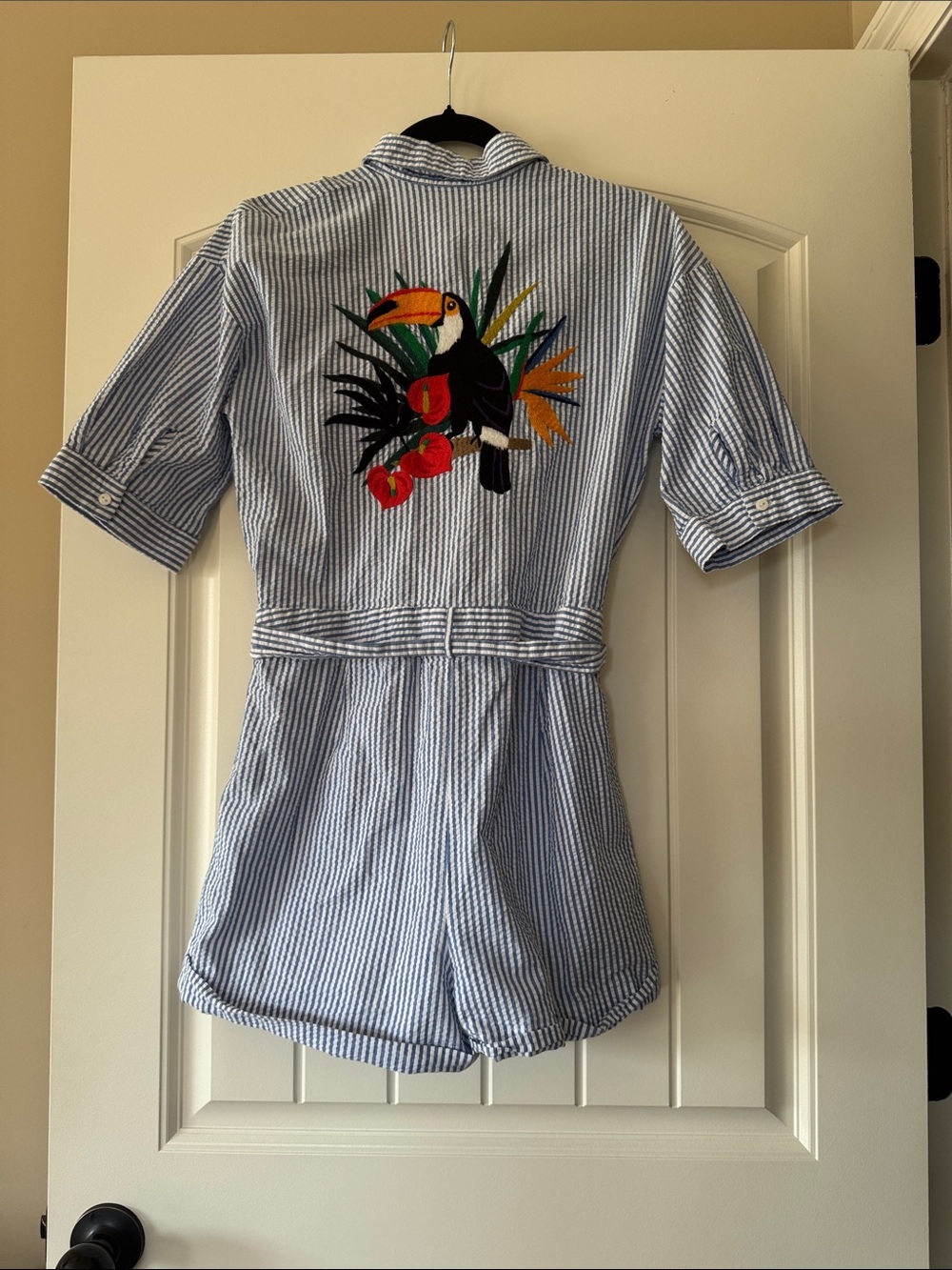 Zara Blue Striped Seer Sucker Romper with Toucan Embroidery - Picture 5 of 7